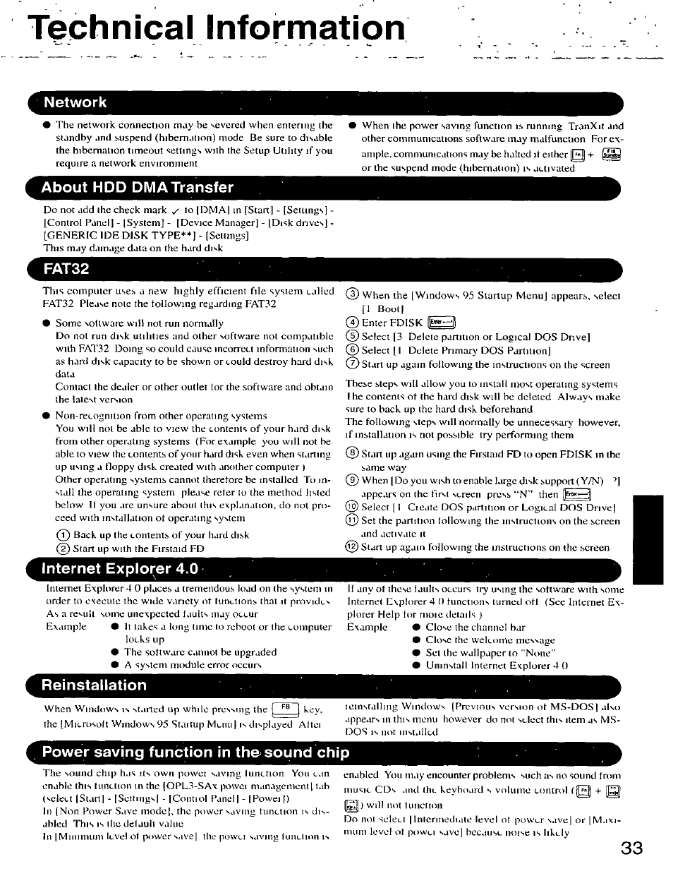 Internet explorer 4.0, Reinstallation, Power saving function in the sound chip | Technical information | Panasonic CF-25 User Manual | Page 33 / 48