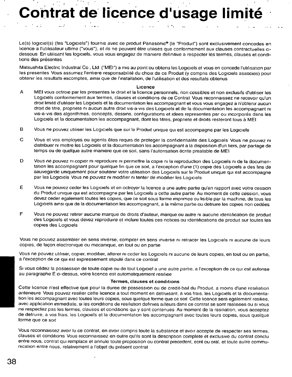 Licence, Contrat de licence d'usage limité | Panasonic CF-25 User Manual | Page 38 / 48