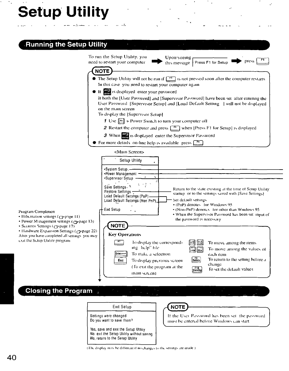 Running the setup utility, Closing the proigram, Setup utility | Panasonic CF-25 User Manual | Page 40 / 48