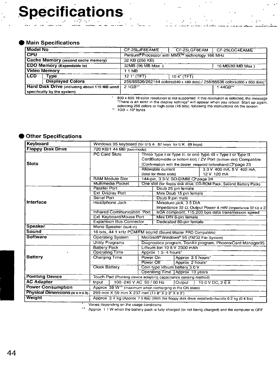 Main specifications, Other specifications, Specifications | Panasonic CF-25 User Manual | Page 44 / 48