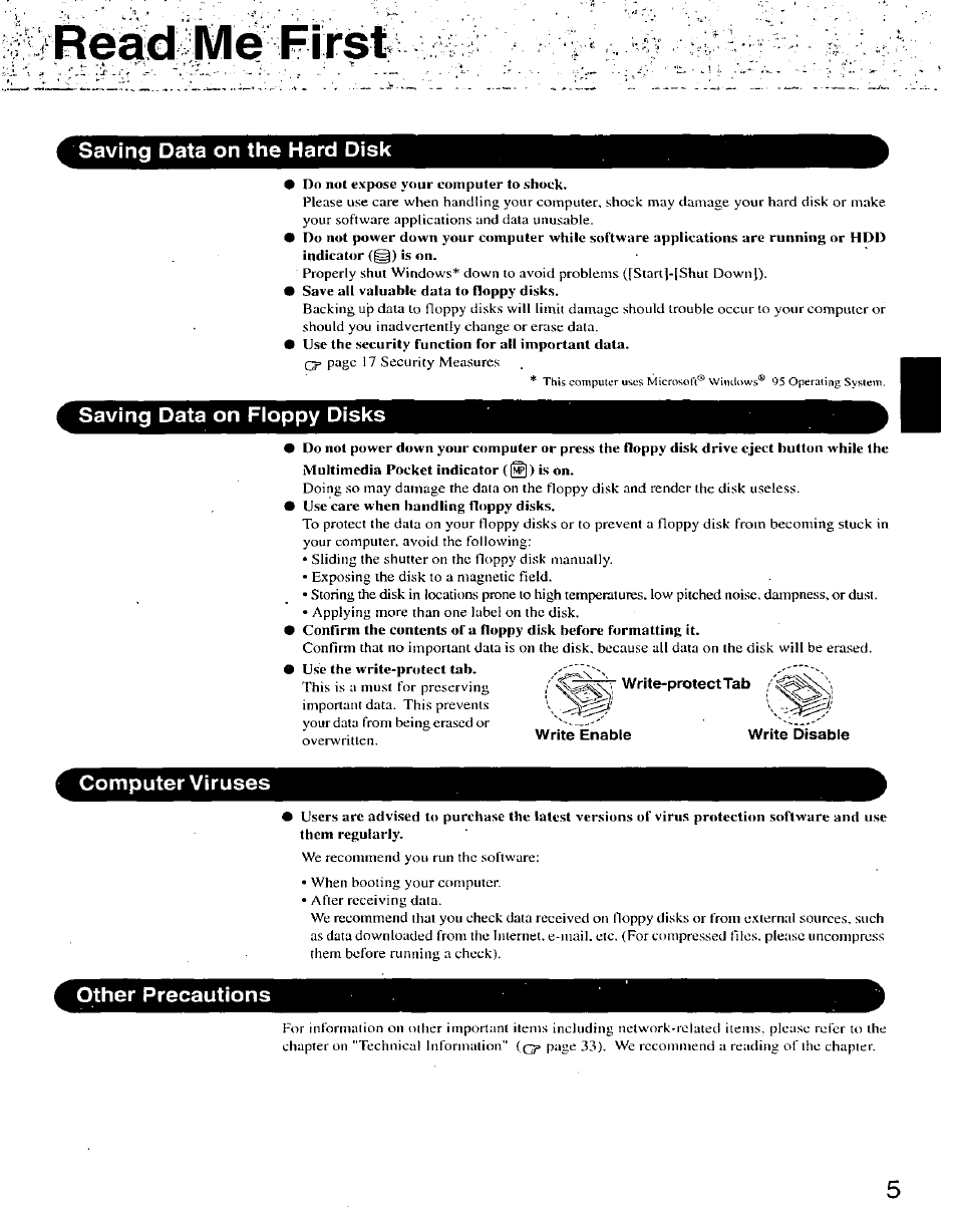 Saving data on the hard disk, Saving data on floppy disks, Write enable | Write disable, Computer viruses, Other precautions, Computer viruses other precautions | Panasonic CF-25 User Manual | Page 5 / 48