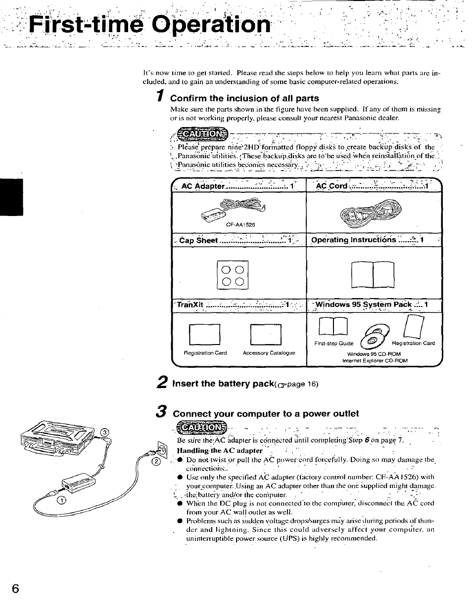 1 confirm the inclusion of all parts, Connect your computer to a power outlet | Panasonic CF-25 User Manual | Page 6 / 48