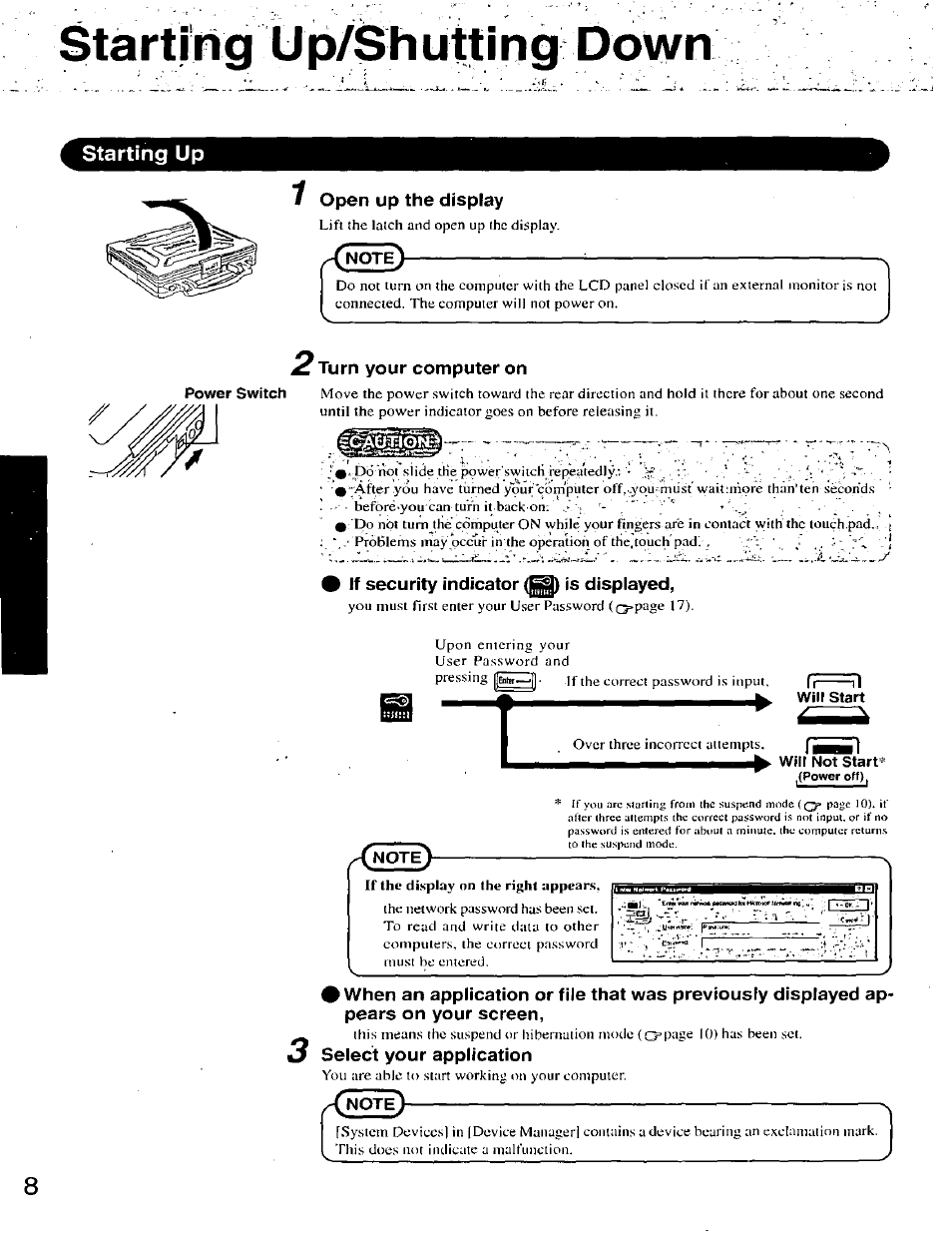 Starting up, Open up the display, Turn your computer on | If security indicator (q) is displayed, Will start, Will not start, Select your application, Starting üp/shutting down | Panasonic CF-25 User Manual | Page 8 / 48