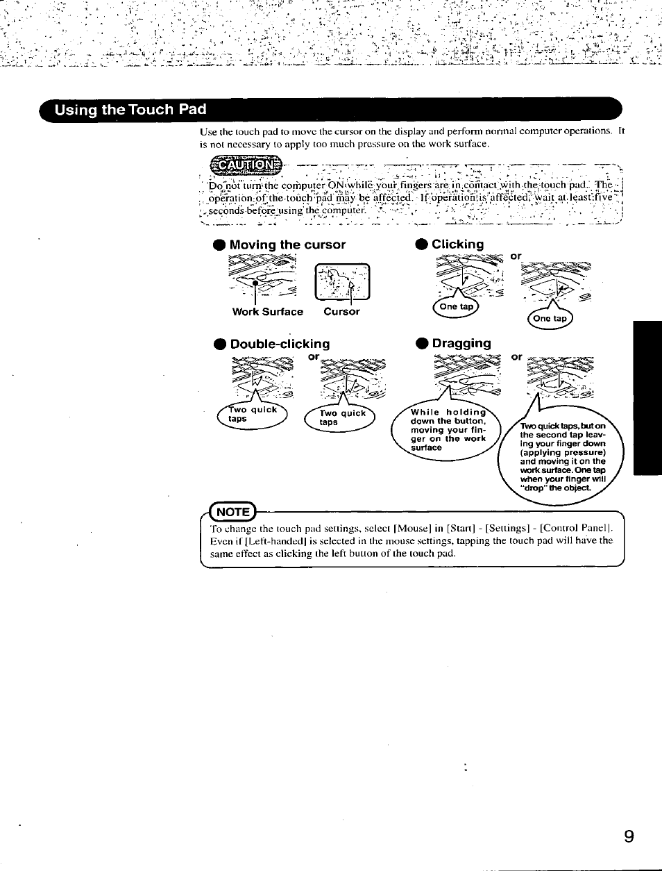 Using the touch pad, Moving the cursor, Clicking | Work surface cursor, Double-clicking | Panasonic CF-25 User Manual | Page 9 / 48