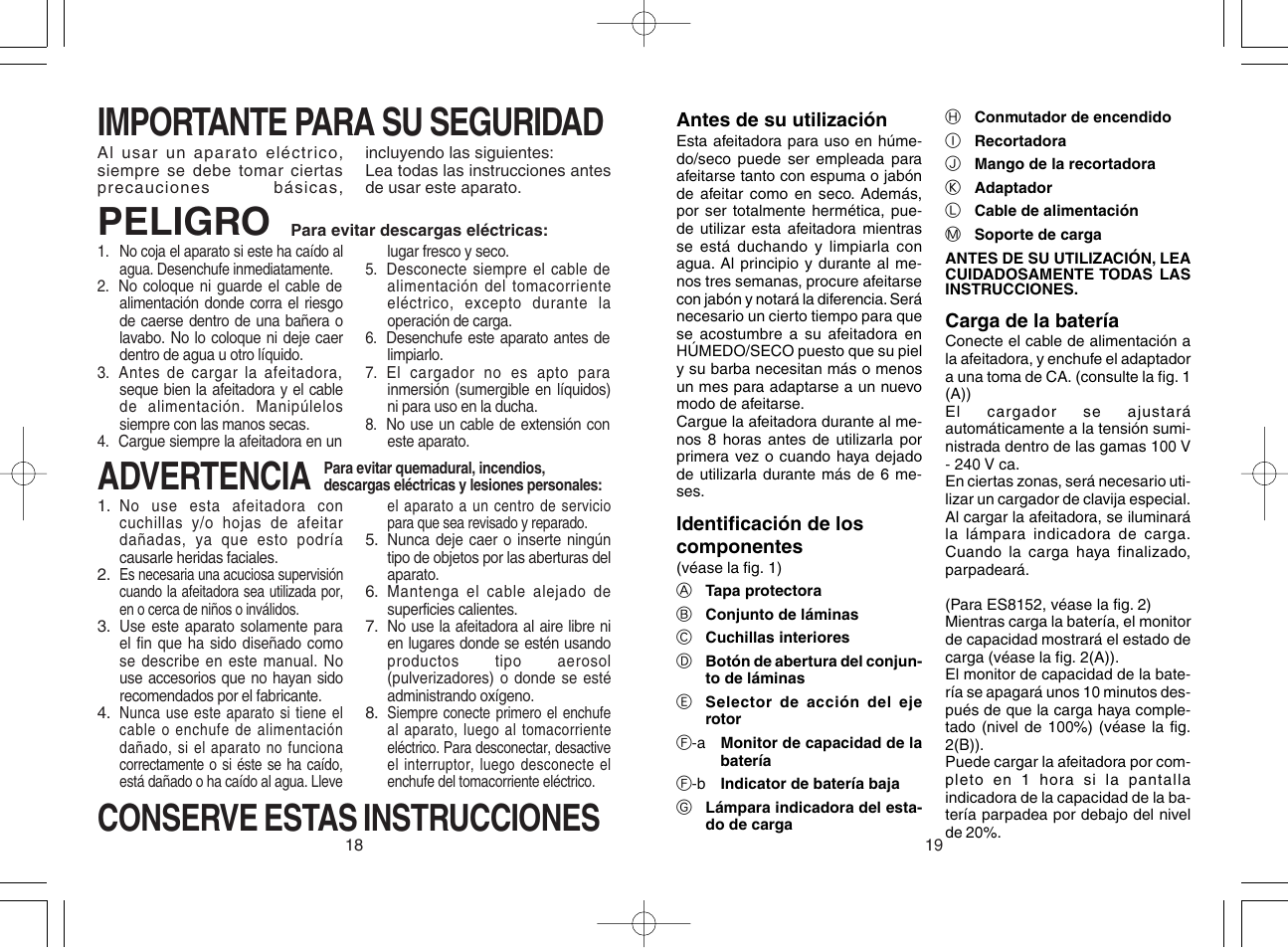 Espanol, Importante para su seguridad, Peligro | Advertencia, Conserve estas instrucciones | Panasonic ES8151 User Manual | Page 10 / 13