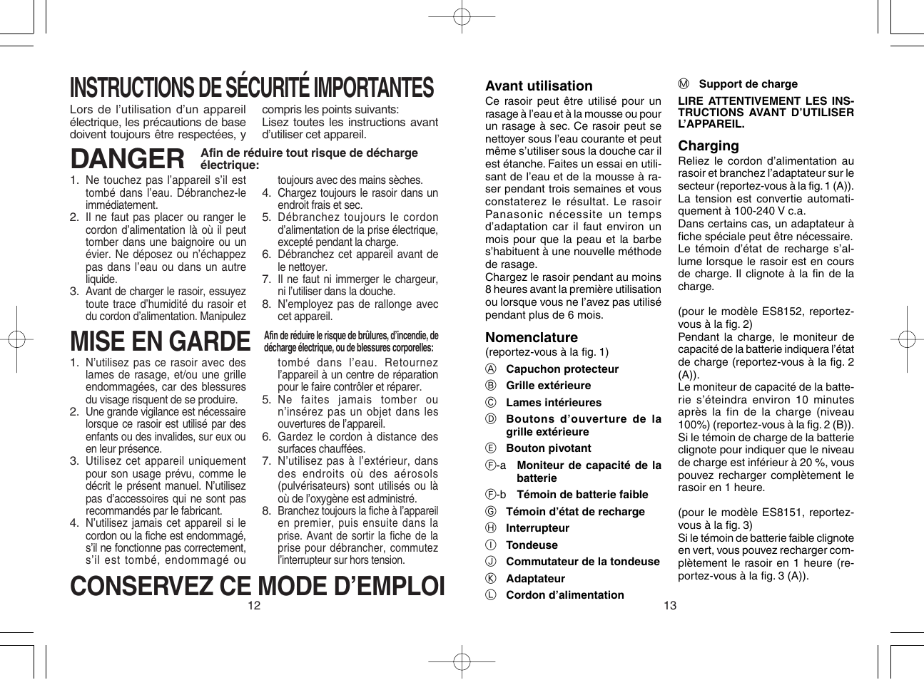 Francais, Instructions de sécurité importantes, Danger | Mise en garde, Conservez ce mode d’emploi | Panasonic ES8151 User Manual | Page 7 / 13