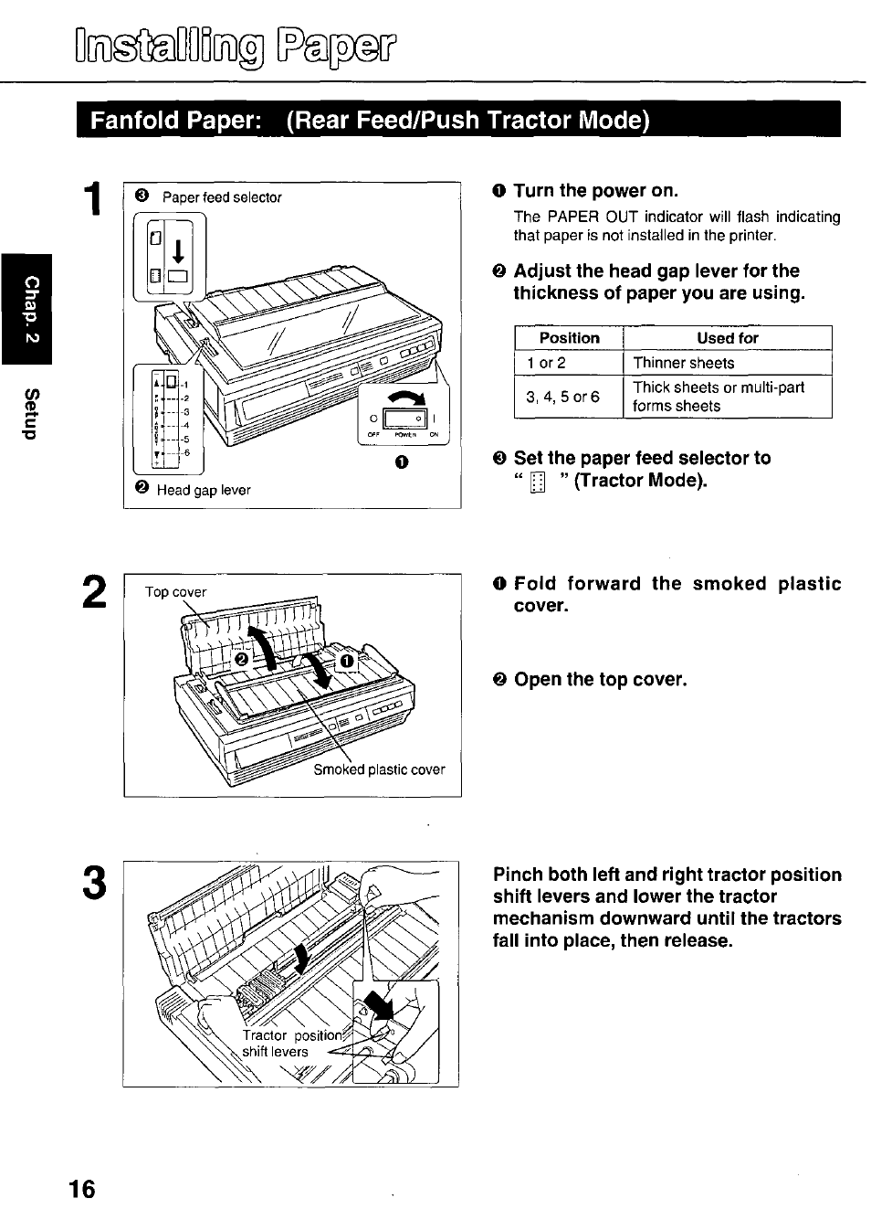 Fanfold paper: (rear feed/push tractor mode) | Panasonic KX-P3626 User Manual | Page 16 / 76