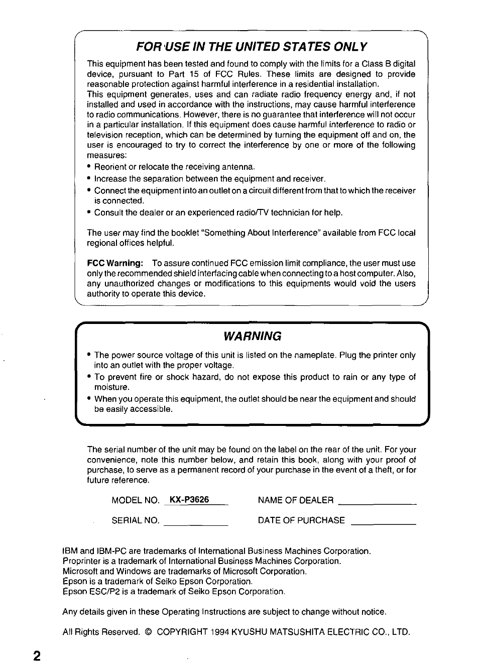 For use in the united st a tes onl y, Warning | Panasonic KX-P3626 User Manual | Page 2 / 76