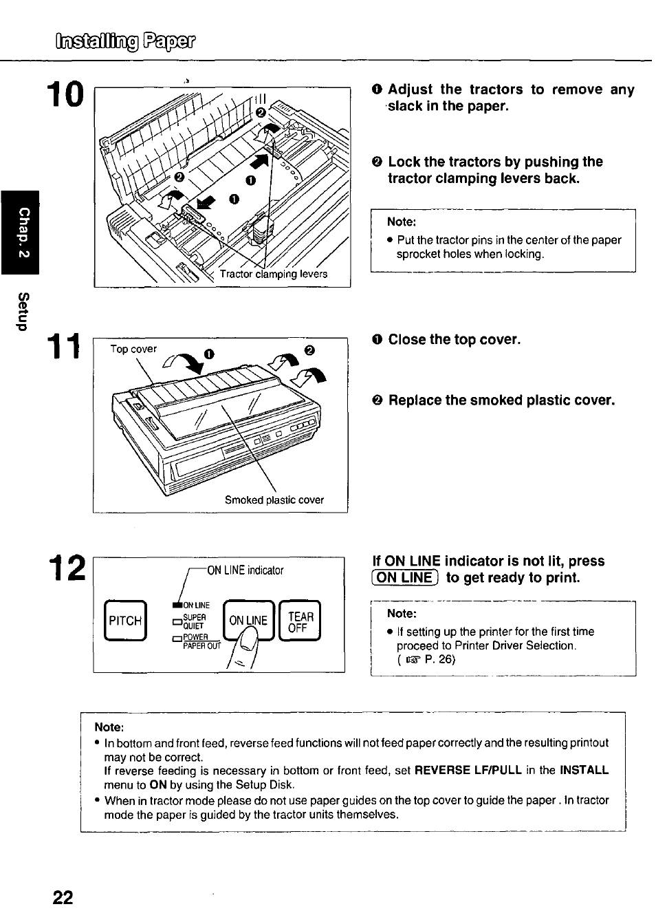 O close the top cover, Replace the smoked plastic cover, Note | Panasonic KX-P3626 User Manual | Page 22 / 76