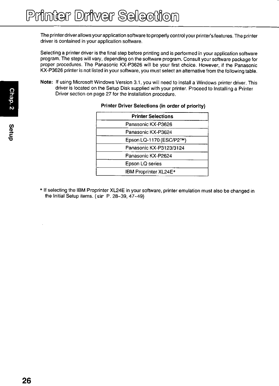 Printer driver seiections (in order of priority), Printer seiections | Panasonic KX-P3626 User Manual | Page 26 / 76