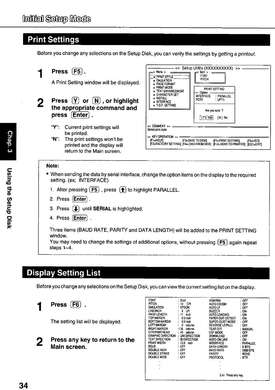 Press, Press fenter), P press any key to return to the ^ main screen | Ikfitial, Print settings, Display setting list, O press, Sqofl[p (mséfe, A print setting window will be displayed, The setting list will be displayed | Panasonic KX-P3626 User Manual | Page 34 / 76