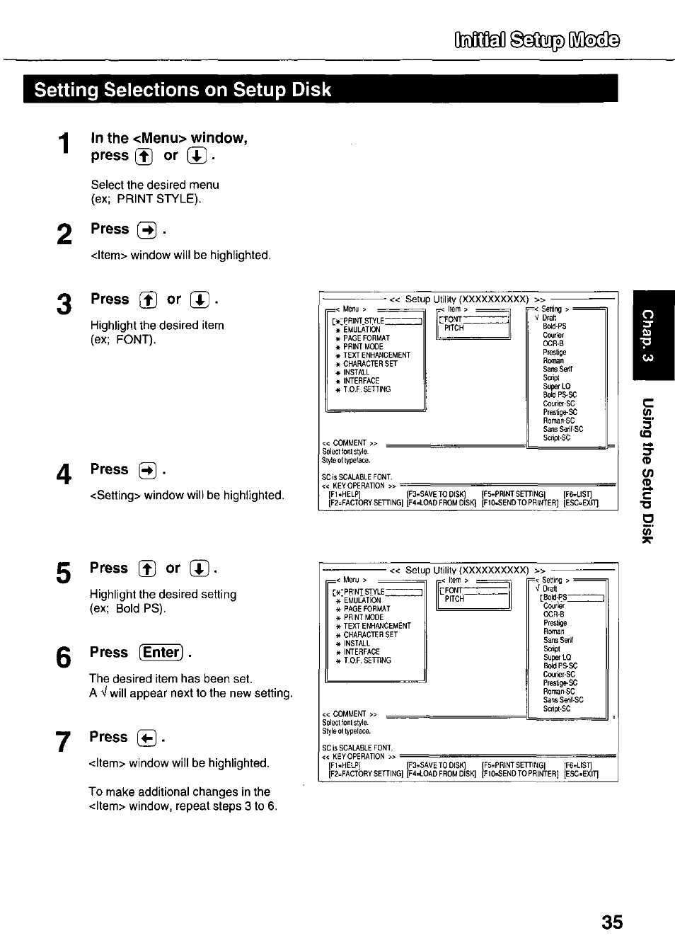 H in the <menu> window, Press g] or [t, 2 press g | 0 press (t] or it, Press, E press (tj or g, 0 press [enter, Setting selections on setup disk, Press g, Epress (tj or g | Panasonic KX-P3626 User Manual | Page 35 / 76