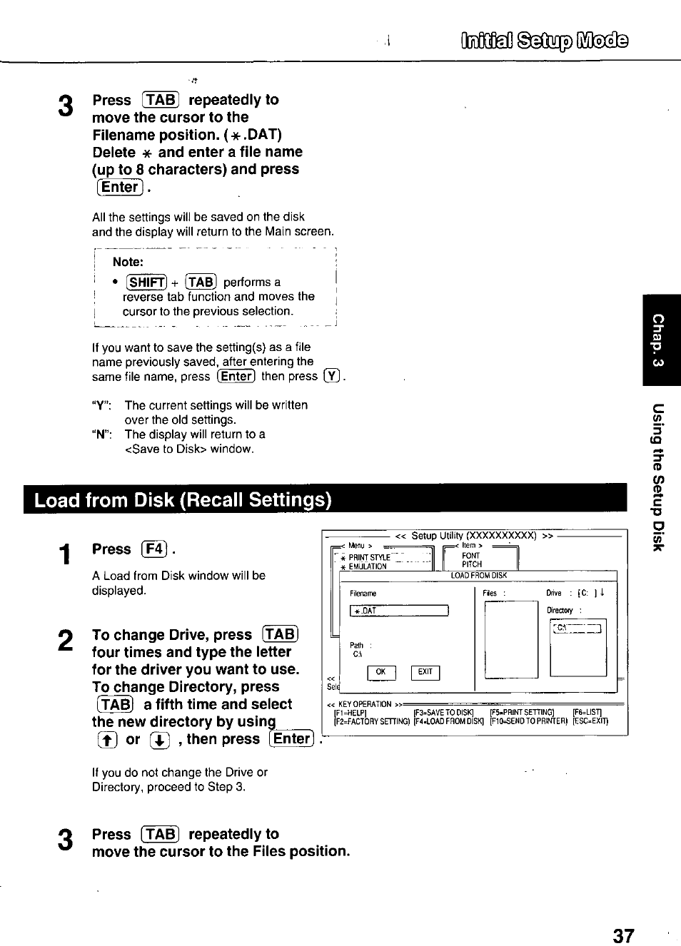 Load from disk (recall settings), Press | Panasonic KX-P3626 User Manual | Page 37 / 76