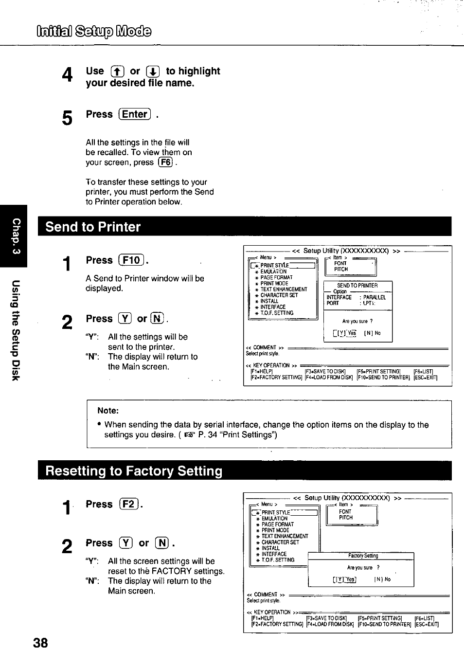 G press (enter, Press ( fio 1, 2 press [y] or [n | I press (f2, O press [y] of o, Send to printer, Resetting to factory setting, 2 press, I press (f2]. o press, Of o | Panasonic KX-P3626 User Manual | Page 38 / 76