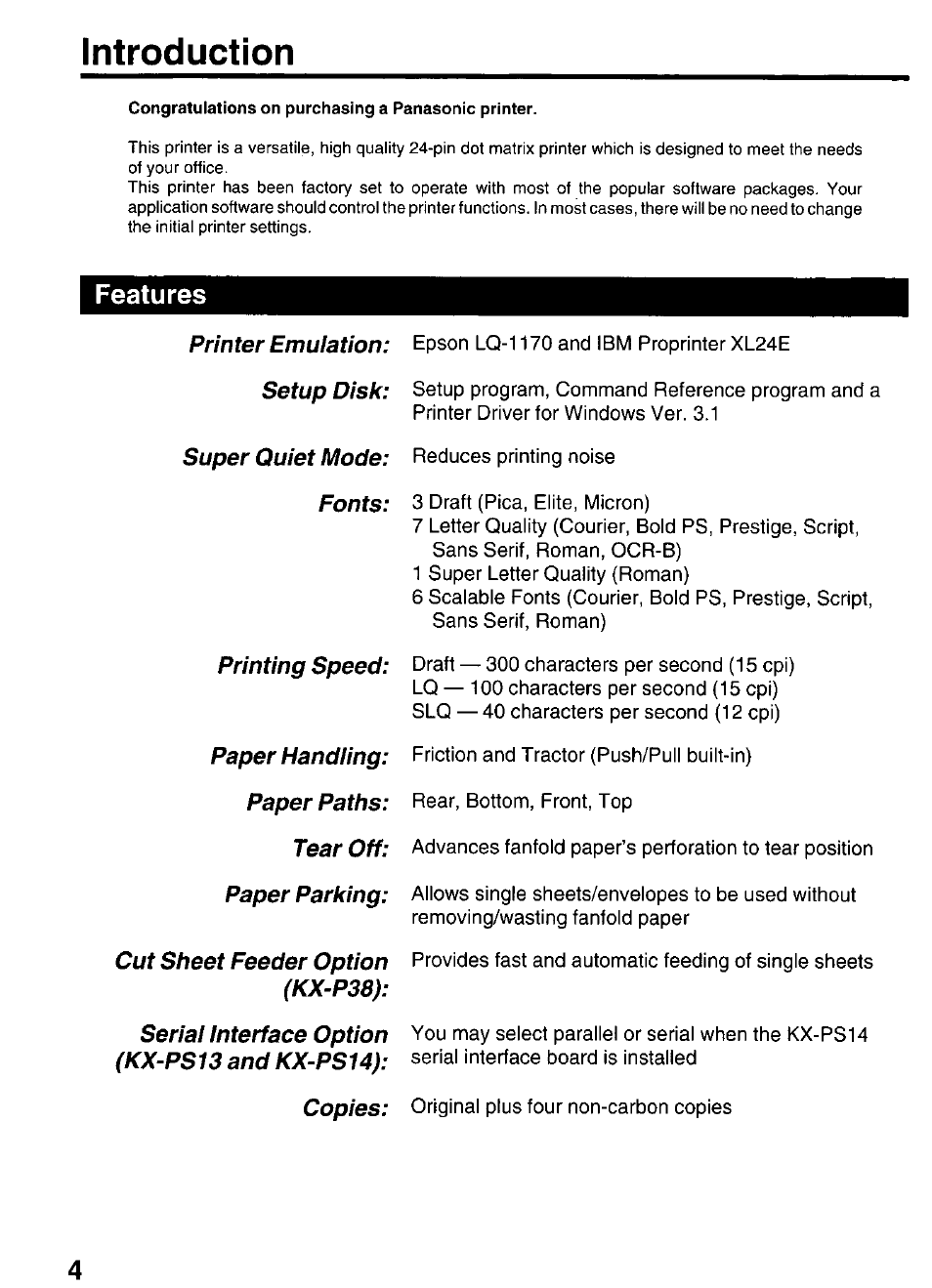 Introduction, Features | Panasonic KX-P3626 User Manual | Page 4 / 76