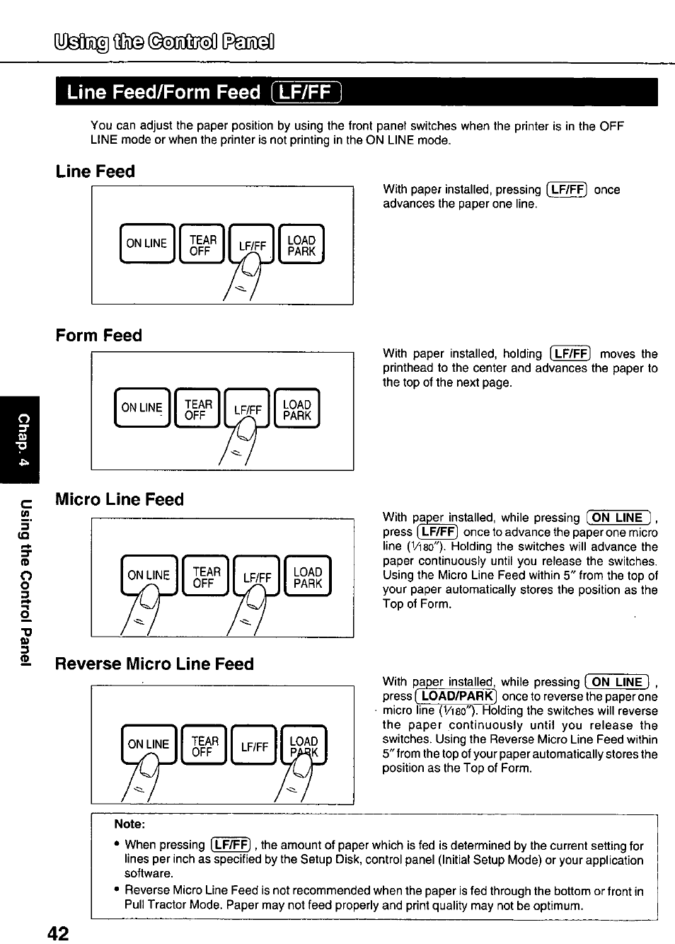 Line feed, Micro line feed, Reverse micro line feed | Line feed/form feed, Form feed, Micro line feed - reverse micro line feed | Panasonic KX-P3626 User Manual | Page 42 / 76