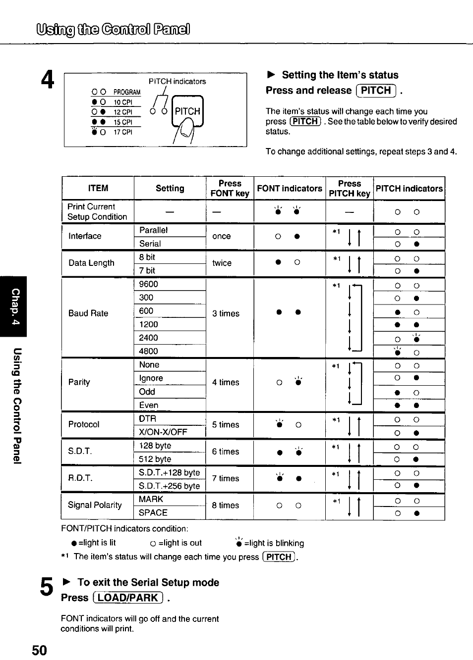 To exit the serial setup mode press i load/park i | Panasonic KX-P3626 User Manual | Page 50 / 76