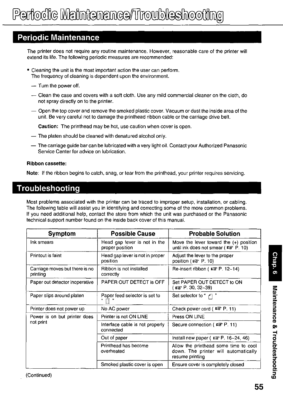 Ribbon cassette, Periodic maintenance, Troubleshooting | Panasonic KX-P3626 User Manual | Page 55 / 76