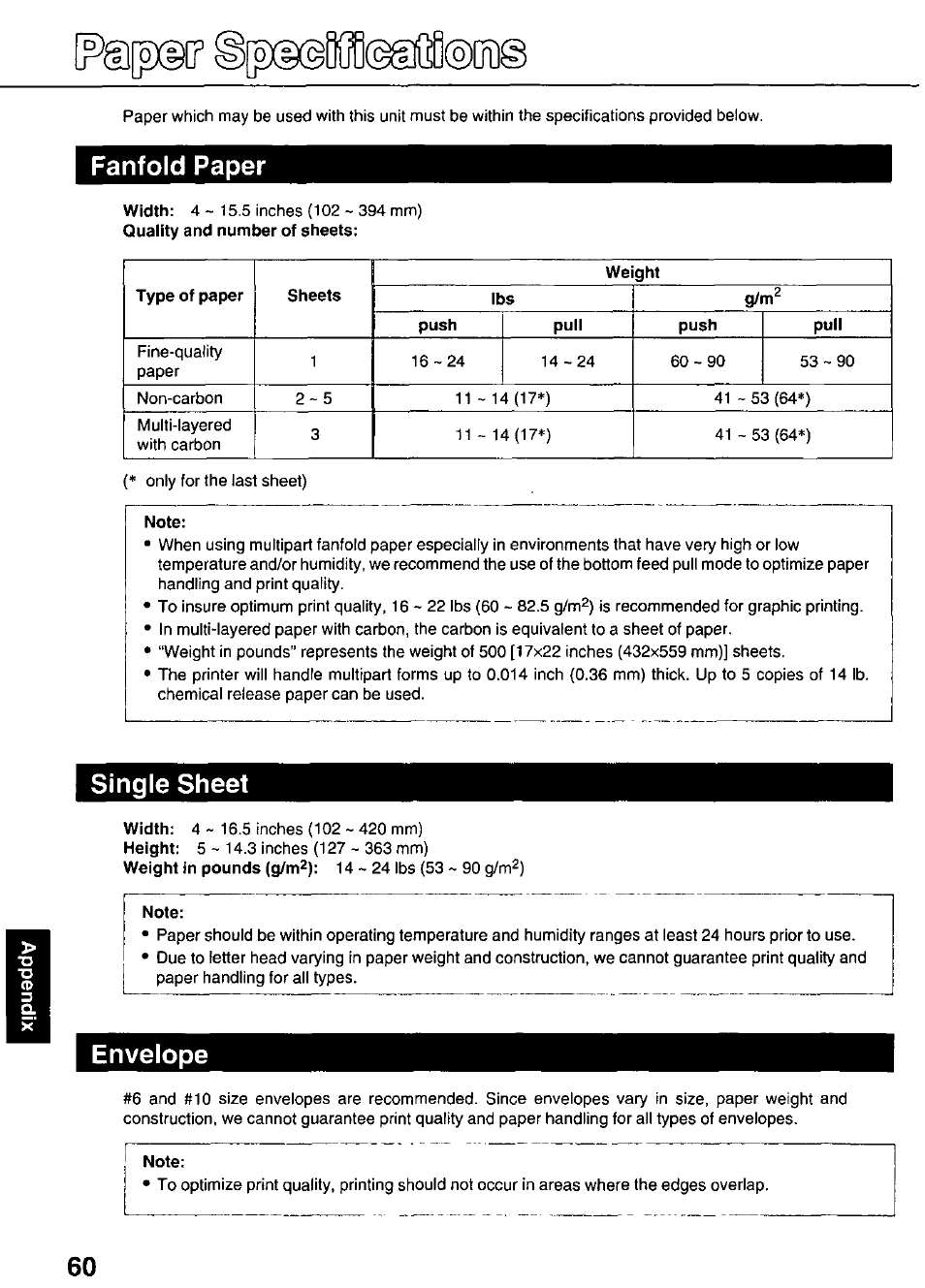 Ìf0©glis®didi, Fanfold paper, Single sheet | Envelope | Panasonic KX-P3626 User Manual | Page 60 / 76