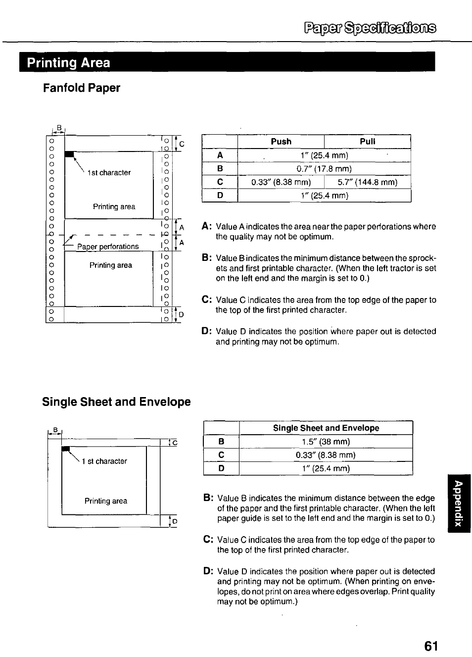 Fanfold paper, Single sheet and envelope, Printing area fanfold paper | Panasonic KX-P3626 User Manual | Page 61 / 76