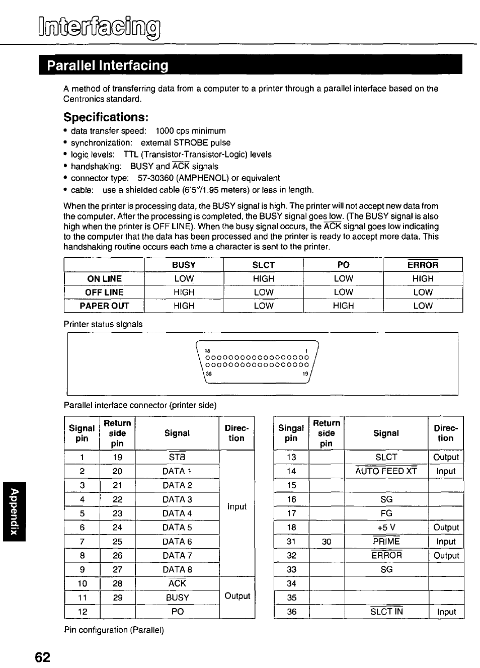 Specifications, Parallel interfacing | Panasonic KX-P3626 User Manual | Page 62 / 76