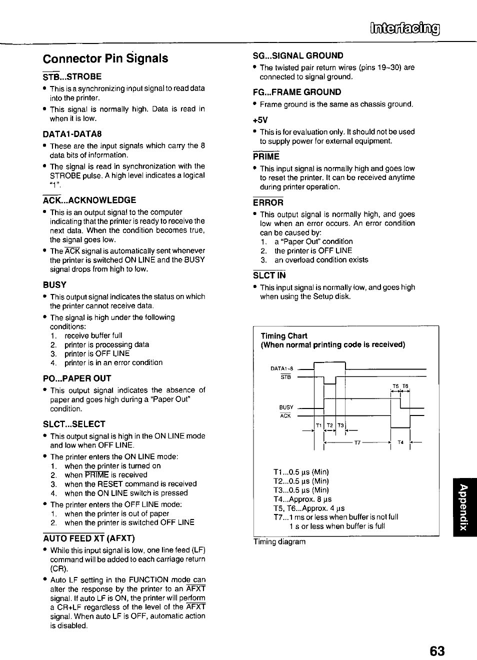 Connector pin signals, Stb...strobe, Data1-data8 | Ack...acknowledge, Busy, Po...paper out, Slct...select, Auto feed xt (afxt), Sg...signal ground, Fg...frame ground | Panasonic KX-P3626 User Manual | Page 63 / 76