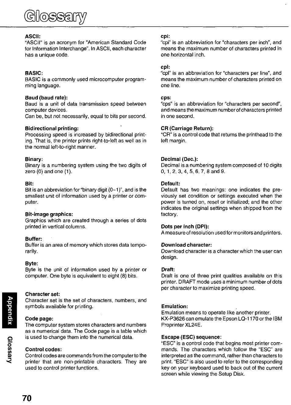 Ascii, Basic, Baud (baud rate) | Binary, Bit-image graphics, Buffer, Byte, Character set, Control codes, Cr (carriage return) | Panasonic KX-P3626 User Manual | Page 70 / 76