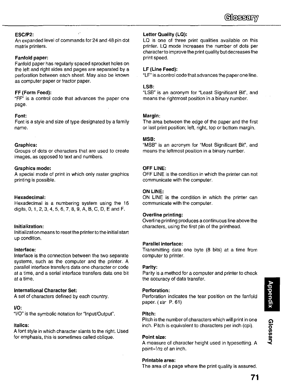 Esc/p2, Fanfold paper, Ff (form feed) | Font, Graphics, Graphics mode, Hexadecimal, Initialization, Interface, International character set | Panasonic KX-P3626 User Manual | Page 71 / 76