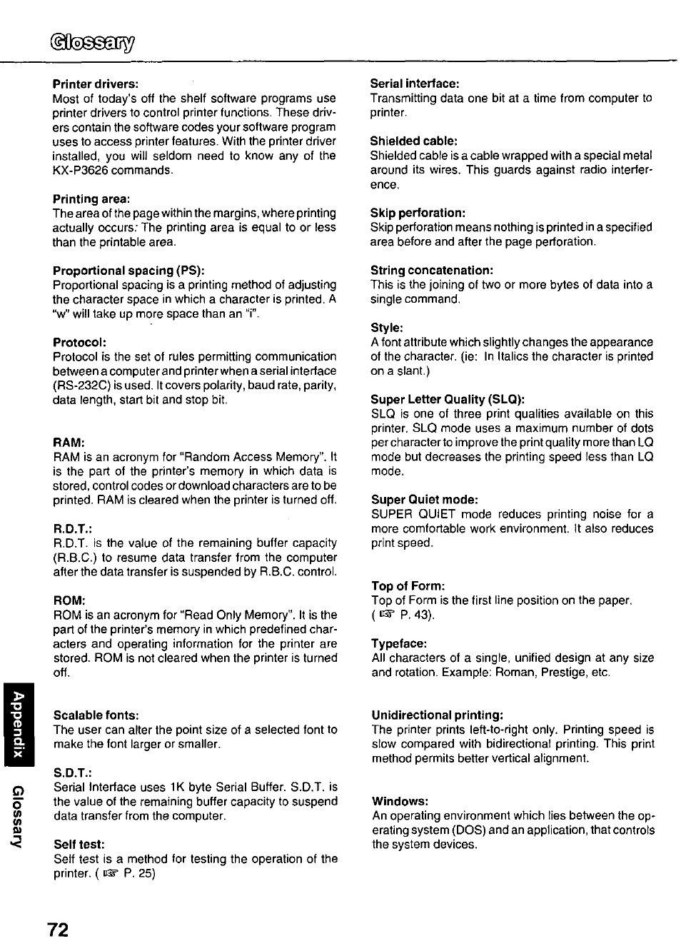 Printer drivers, Printing area, Proportional spacing (ps) | Protocol, R.d.t, Serial interface, Shielded cable, Skip perforation, String concatenation, Style | Panasonic KX-P3626 User Manual | Page 72 / 76