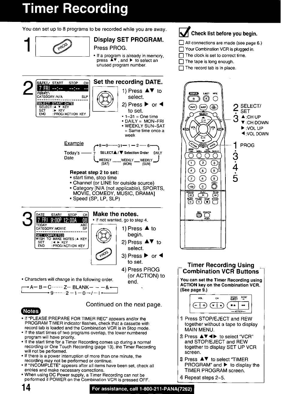 Display set program, Set the recording date, Make the notes | Timer recording using _ combination vcr buttons, Timer recording, Ze) (eg) (■" i ^ i | Panasonic PV M939 User Manual | Page 14 / 48