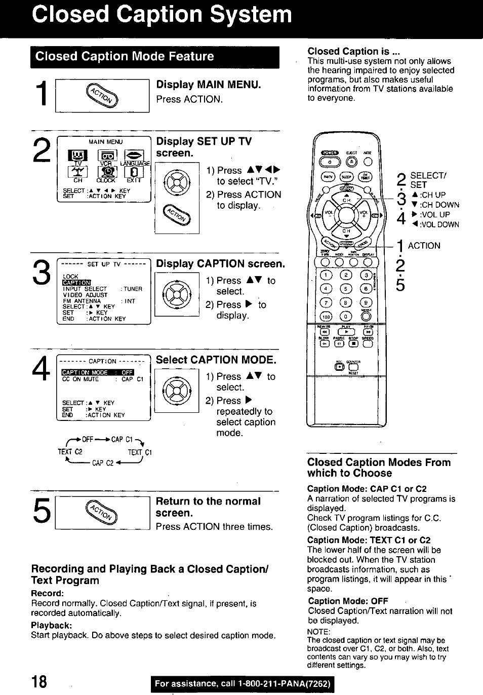 Closed caption mode feature, Display main menu, Display set up tv screen | Display caption screen, Select caption mode, Return to the normal screen, Recording and playing back a closed caption, Text program, Closed caption modes from which to choose, Closed caption system | Panasonic PV M939 User Manual | Page 18 / 48