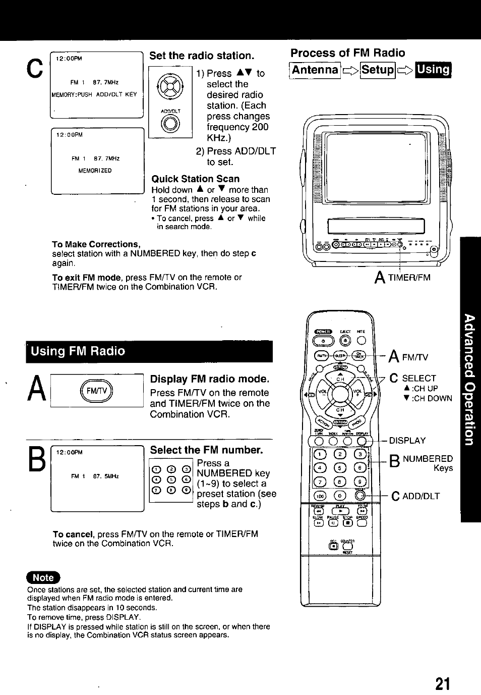 Set the radio station, Process of fm radio, Antenna | Setup ci, Using, Using fm radio, Display fm radio mode, Select the fm number, Q 0 q, Setup ci> using using fm radio | Panasonic PV M939 User Manual | Page 21 / 48