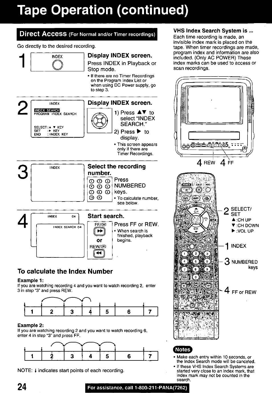 Index display index screen, Display index screen, Select the recording number | Start search, To calculate the index number, Tape operation (continued), L- 2 | Panasonic PV M939 User Manual | Page 24 / 48