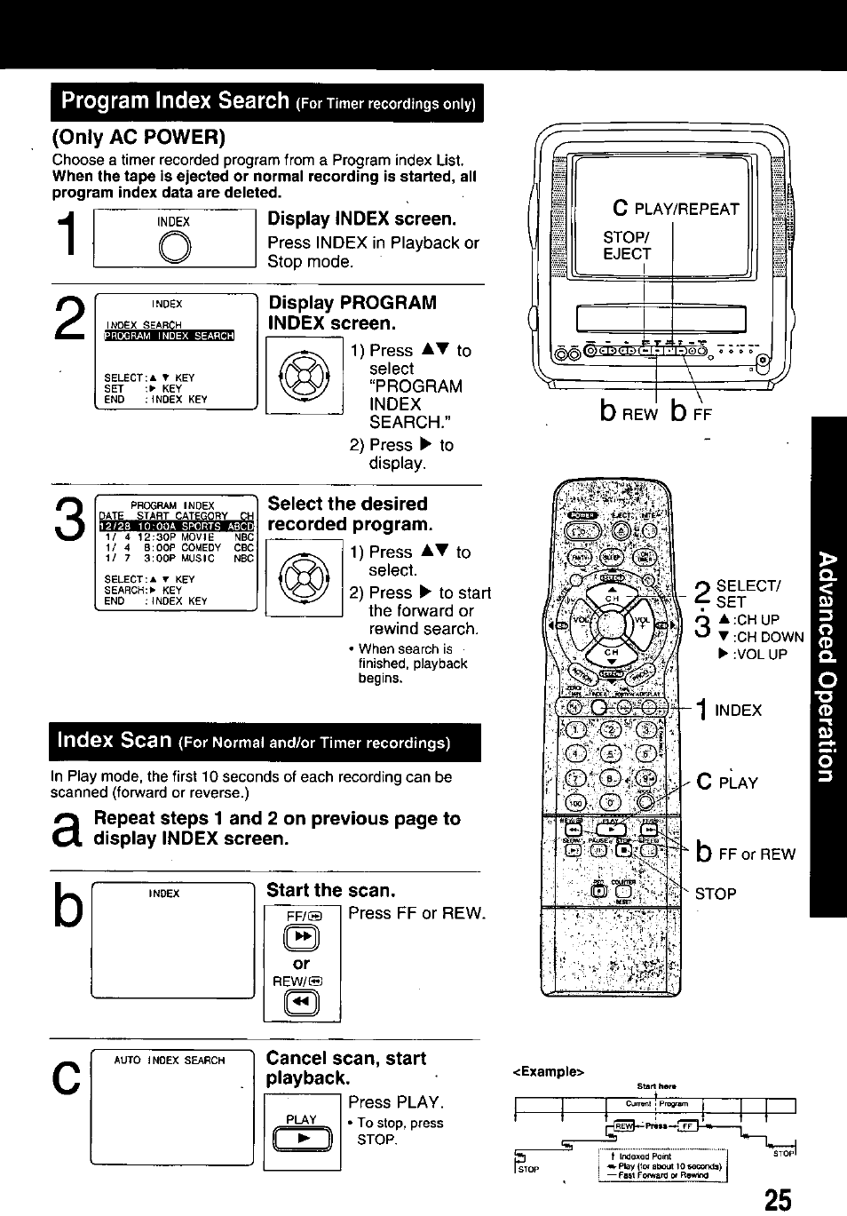 Only ac power), Display index screen, Display program index screen | Select the desired recorded program, Start the scan, Cancel scan, start playback, Program index search, Index scan | Panasonic PV M939 User Manual | Page 25 / 48