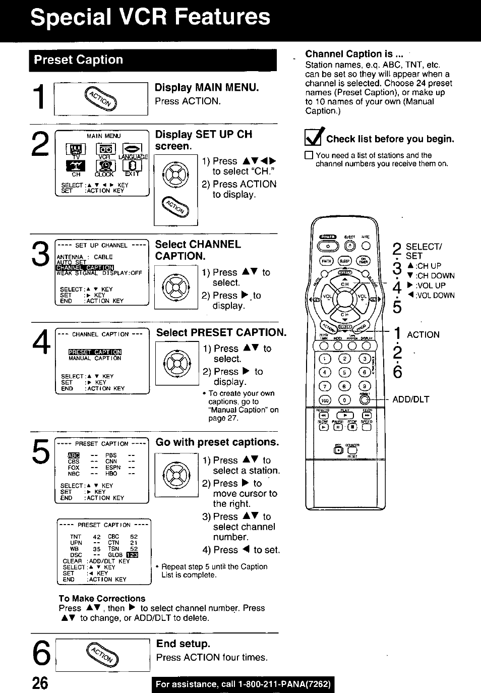 Special vcr features, Preset caption, Display main menu | Display set up ch screen, Select channel caption, Select preset caption, Go with preset captions, End setup | Panasonic PV M939 User Manual | Page 26 / 48