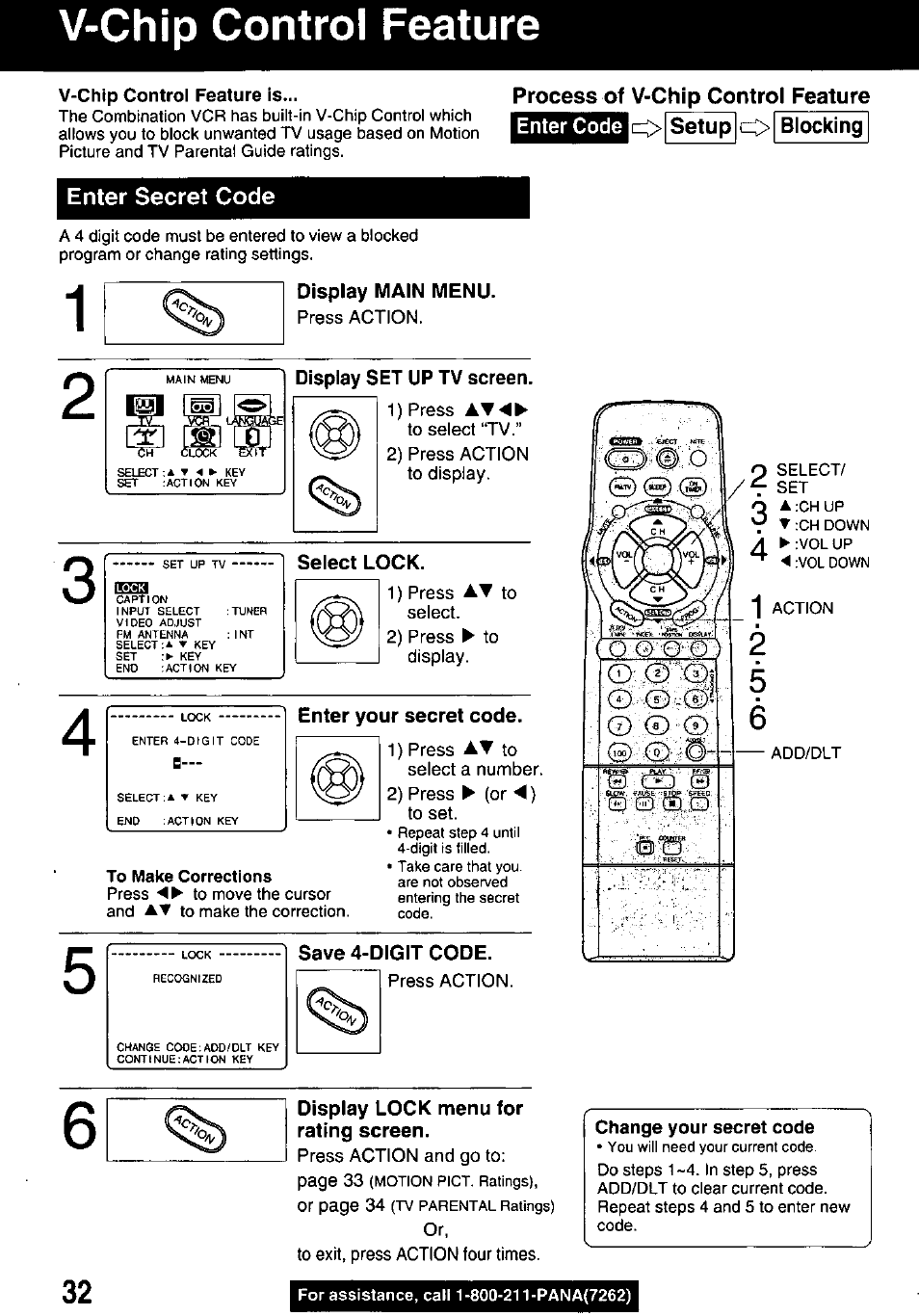 Display main menu, Display set up tv screen, Select lock | Enter your secret code, Save 4-digit code, Display lock menu for rating screen, V-chip control feature, Process of v-chip control feature, О setup о blocking enter secret code | Panasonic PV M939 User Manual | Page 32 / 48