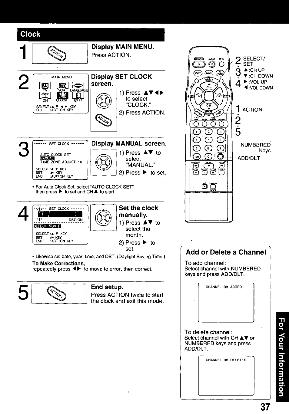 Clock, Display main menu, Display manual screen | Set the clock manually, End setup, Add or delete a channel | Panasonic PV M939 User Manual | Page 37 / 48