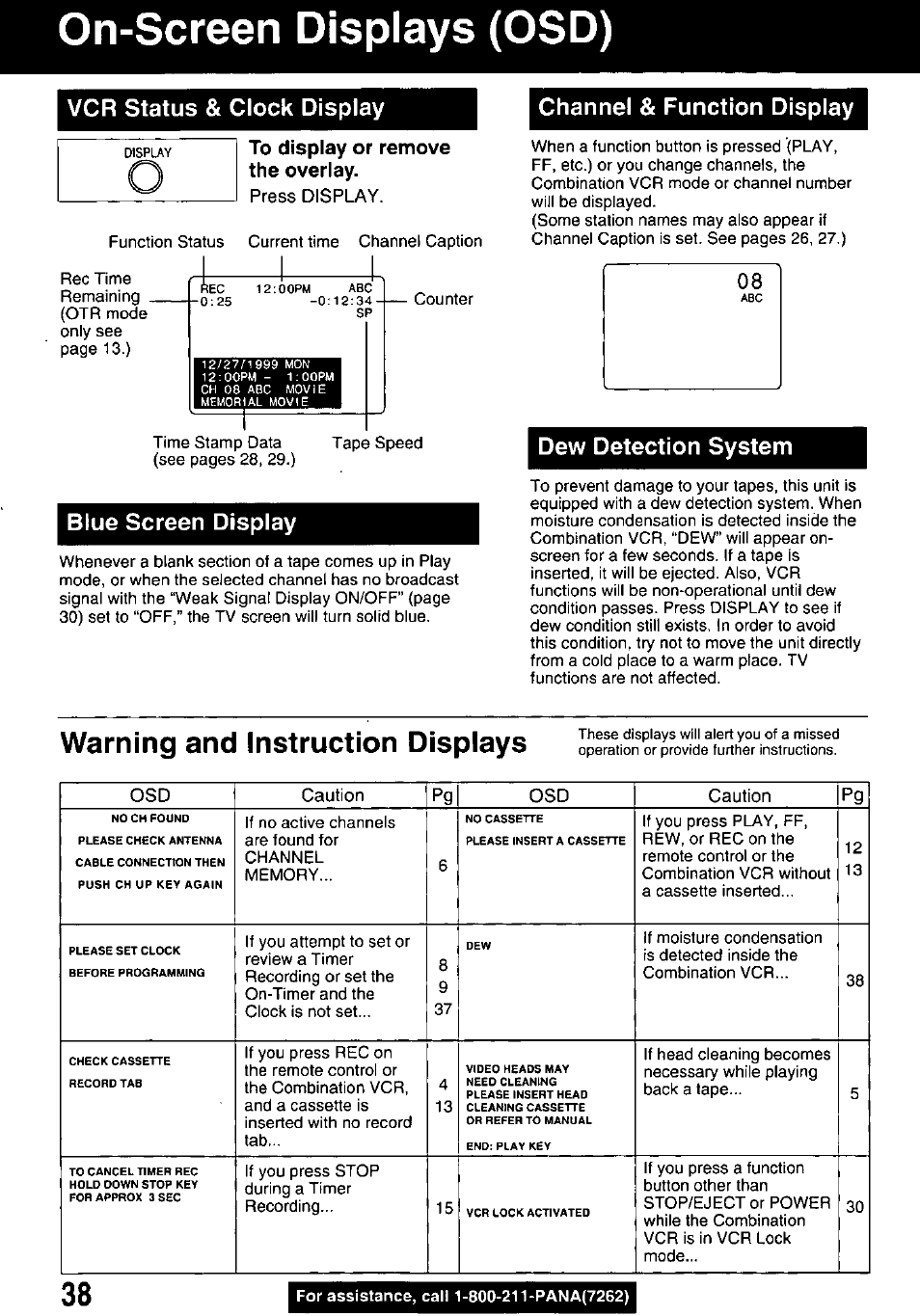 To display or remove the overlay, Warning and instruction displays, On-screen displays (osd) | Vcr status & clock display, Blue screen display, Channel & function display, Dew detection system, Press display | Panasonic PV M939 User Manual | Page 38 / 48