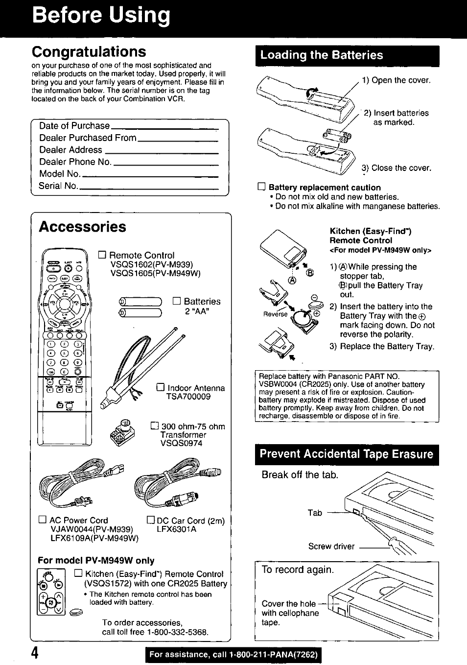 Congratulations, Accessories, Before using | Loading the batteries, Prevent accidental tape erasure, Break off the tab, O © ©i | Panasonic PV M939 User Manual | Page 4 / 48