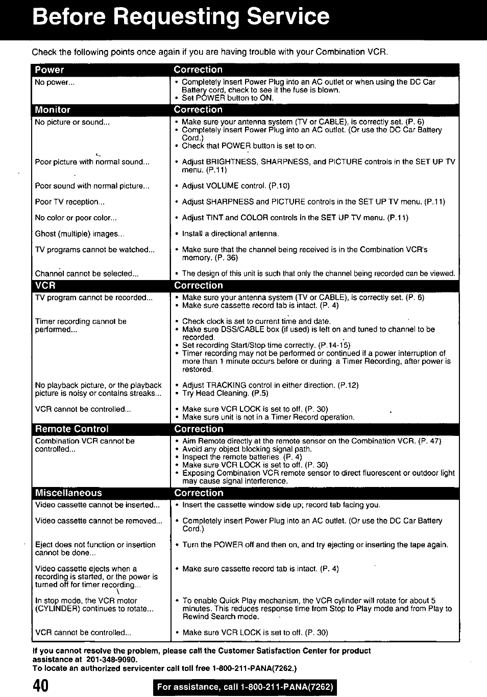 Before requesting service | Panasonic PV M939 User Manual | Page 40 / 48