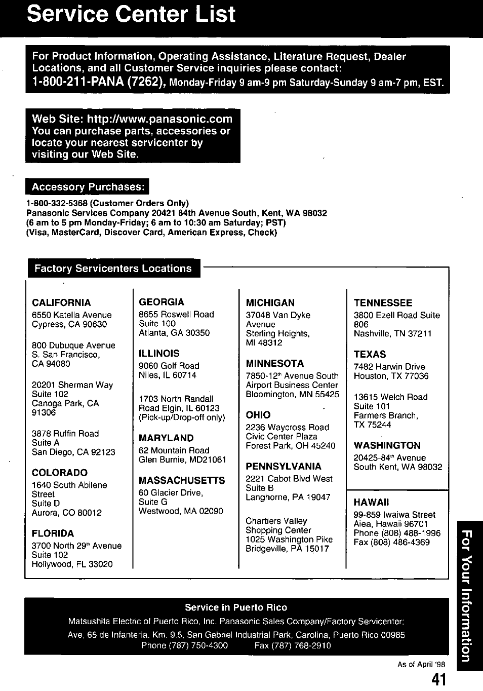 Service center list, Factory servicenters locations | Panasonic PV M939 User Manual | Page 41 / 48