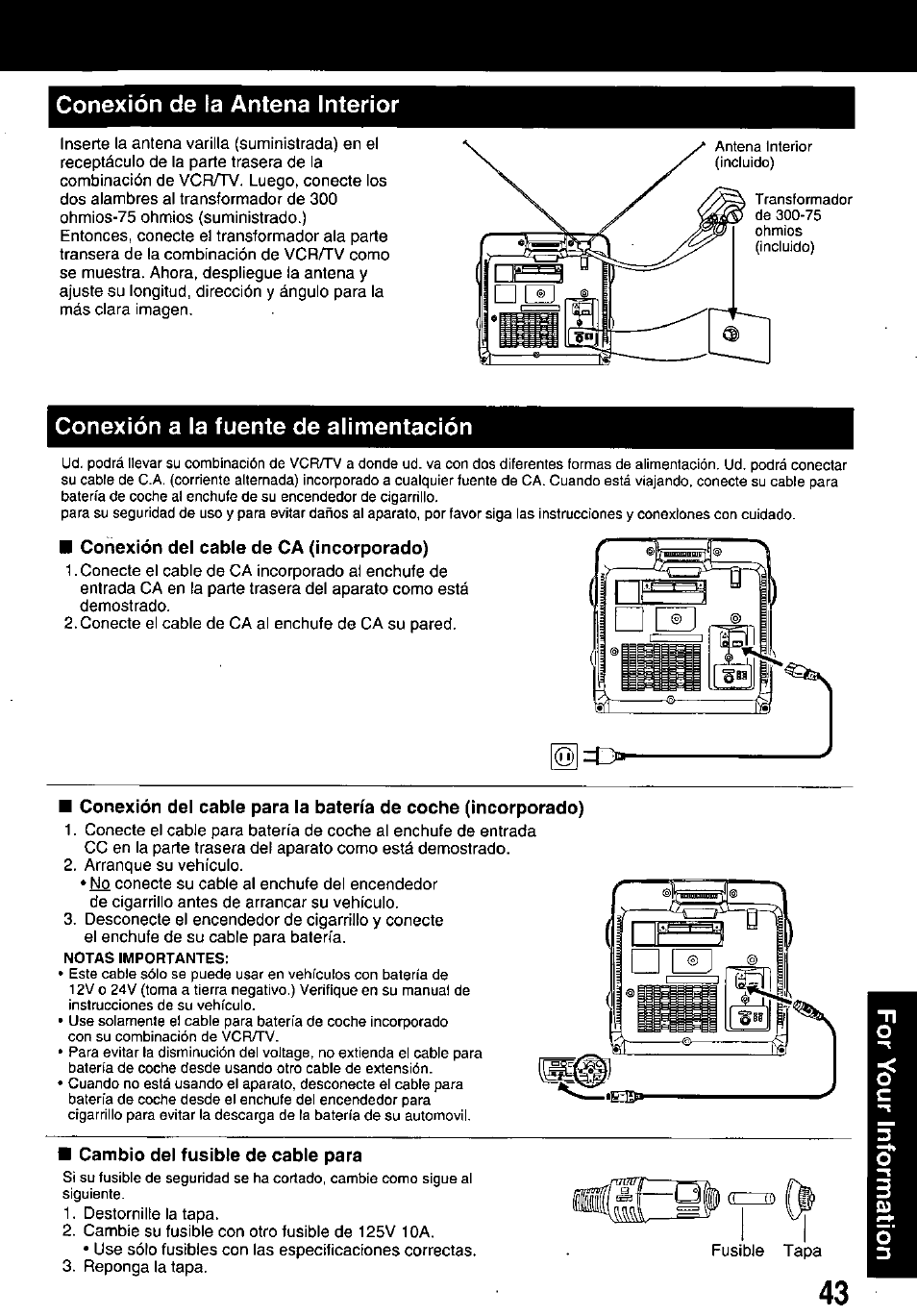 Conexión de la antena interior, Conexión a la fuente de alimentación | Panasonic PV M939 User Manual | Page 43 / 48