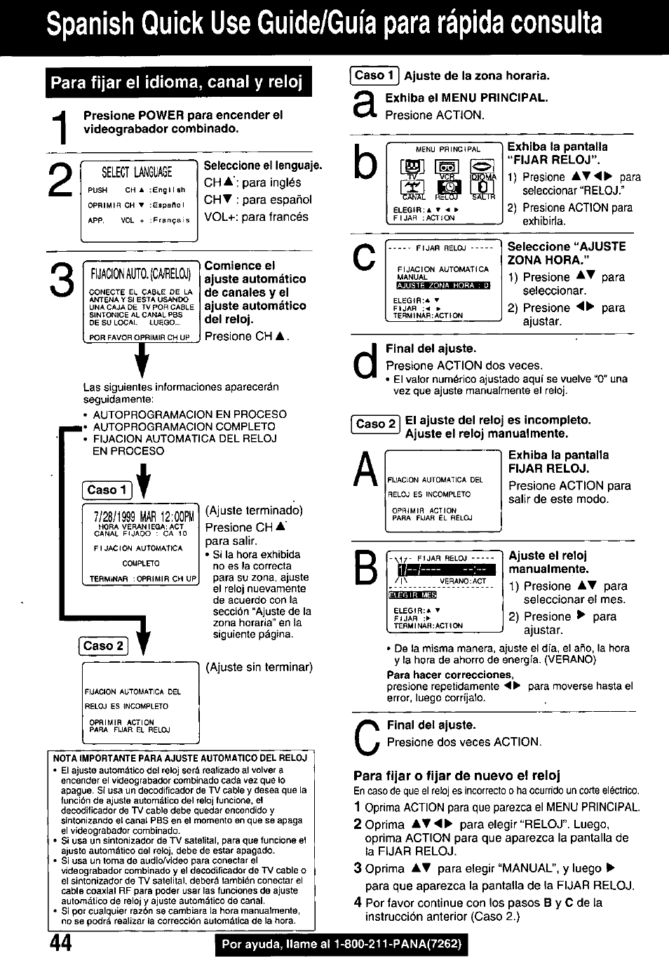 Para fijar el idioma, canal y reloj, Spanish quick use guide/guia para rápida consulta, A'fo | Panasonic PV M939 User Manual | Page 44 / 48