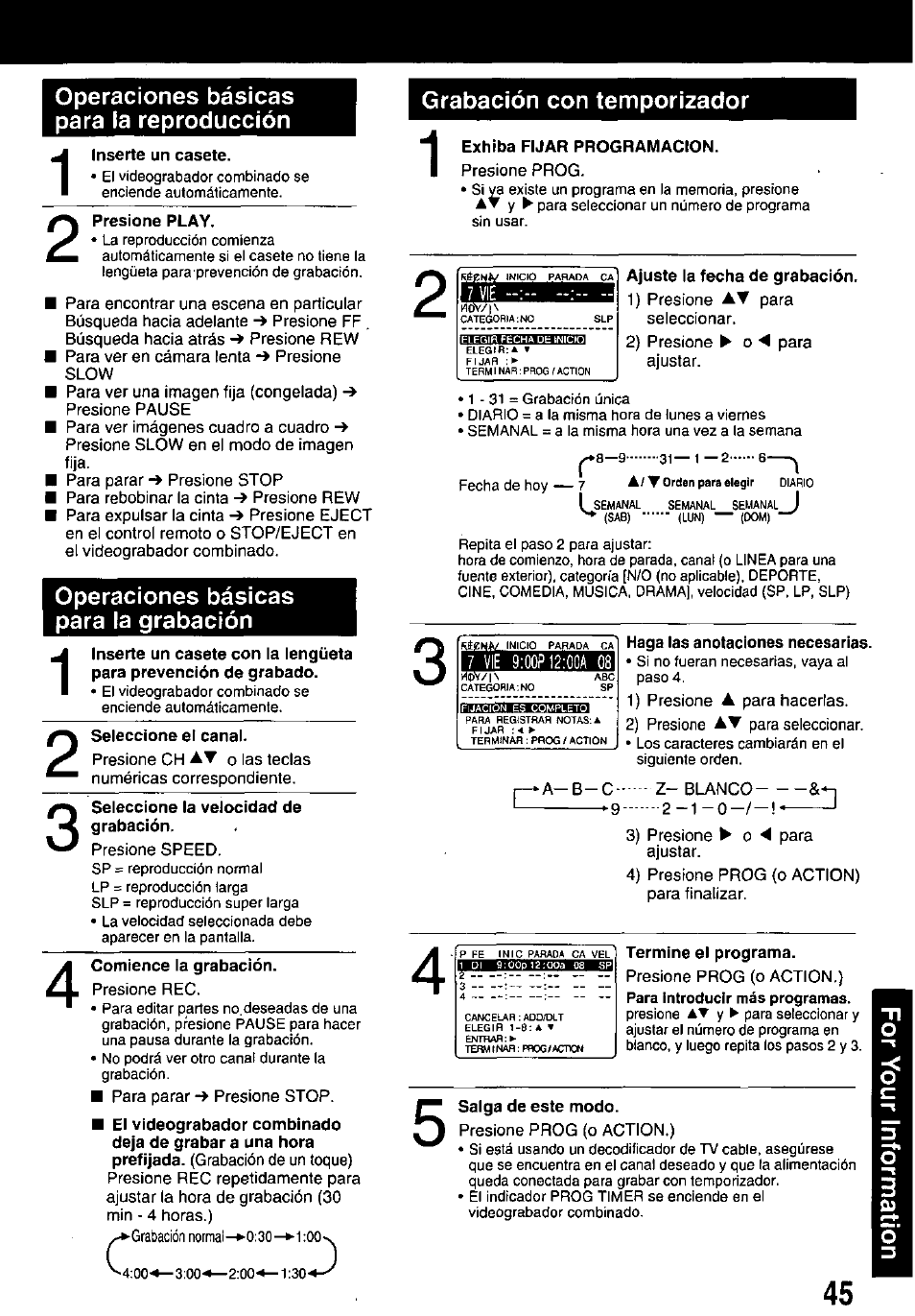 Operaciones básicas para la reproducción, Operaciones básicas para la grabación, Grabación con temporizador | Вшяш^в | Panasonic PV M939 User Manual | Page 45 / 48