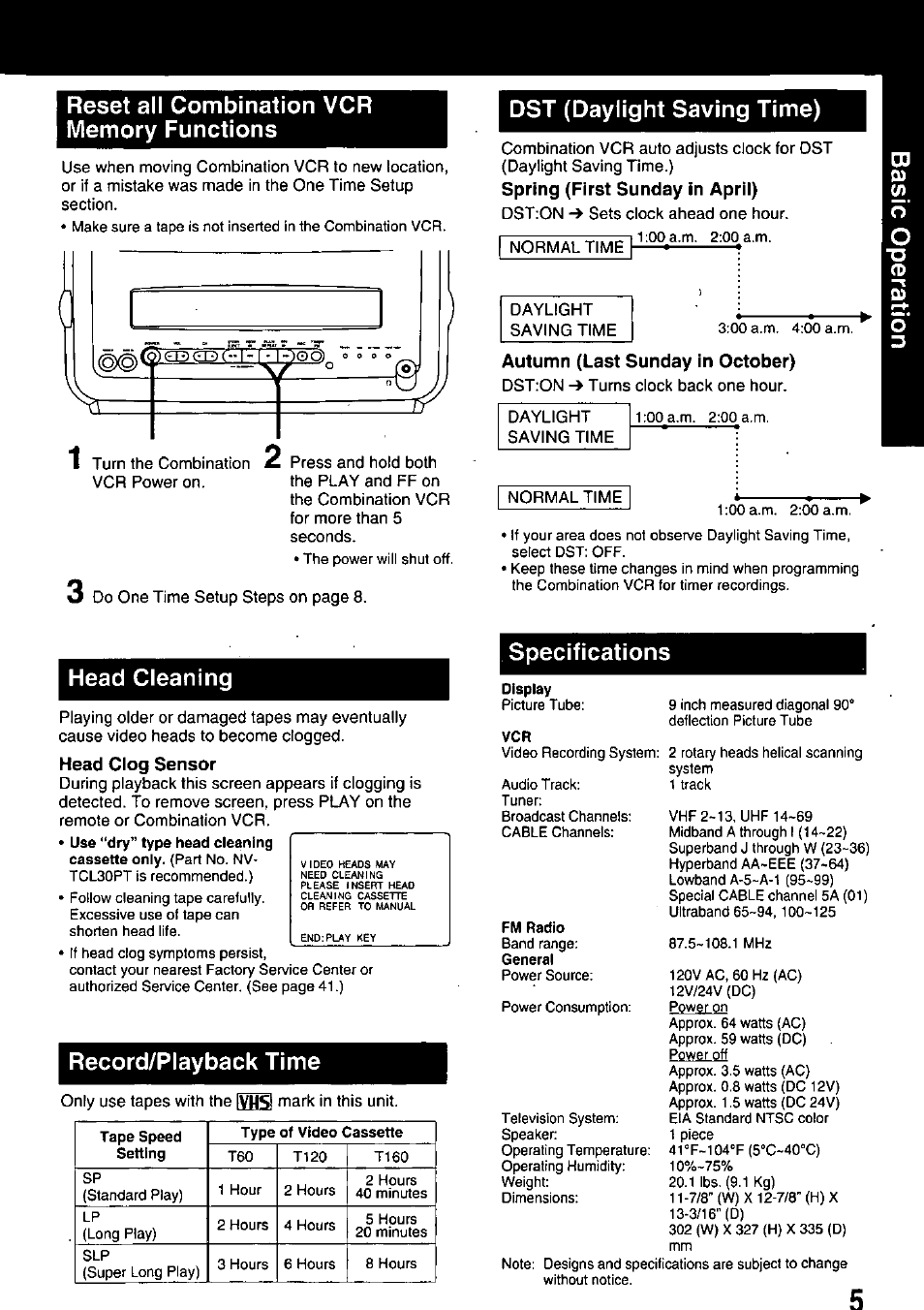 Head cleaning, Record/playback time, Dst (daylight saving time) | Specifications | Panasonic PV M939 User Manual | Page 5 / 48