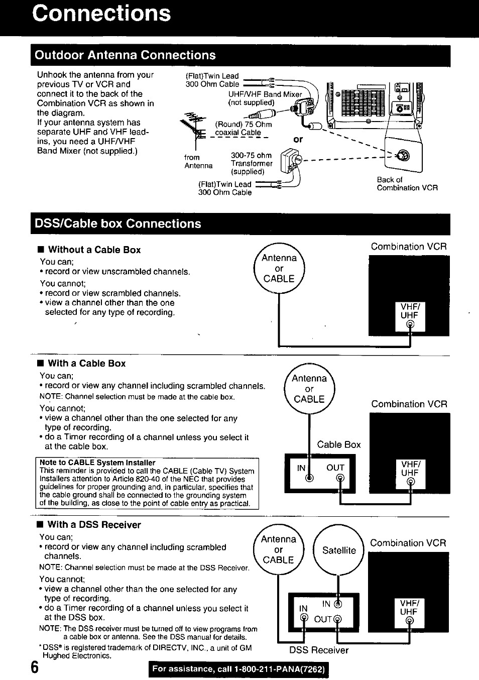 Connections, Outdoor antenna connections, Dss/cable box connections | Combination vcr, Combination vcr dss receiver | Panasonic PV M939 User Manual | Page 6 / 48