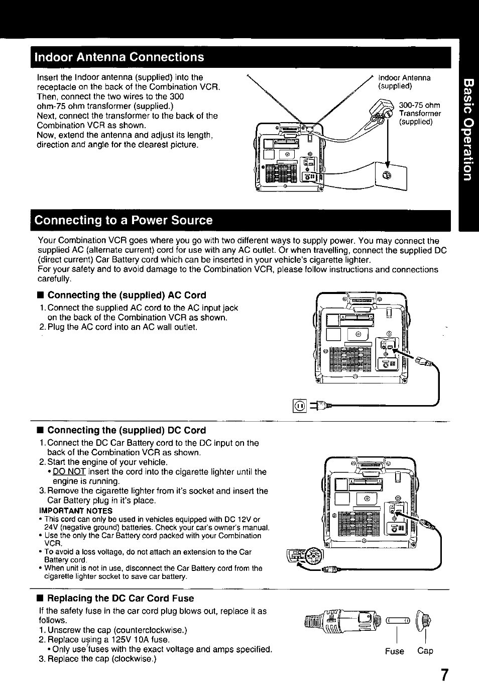 Indoor antenna connections, Connecting to a power source | Panasonic PV M939 User Manual | Page 7 / 48