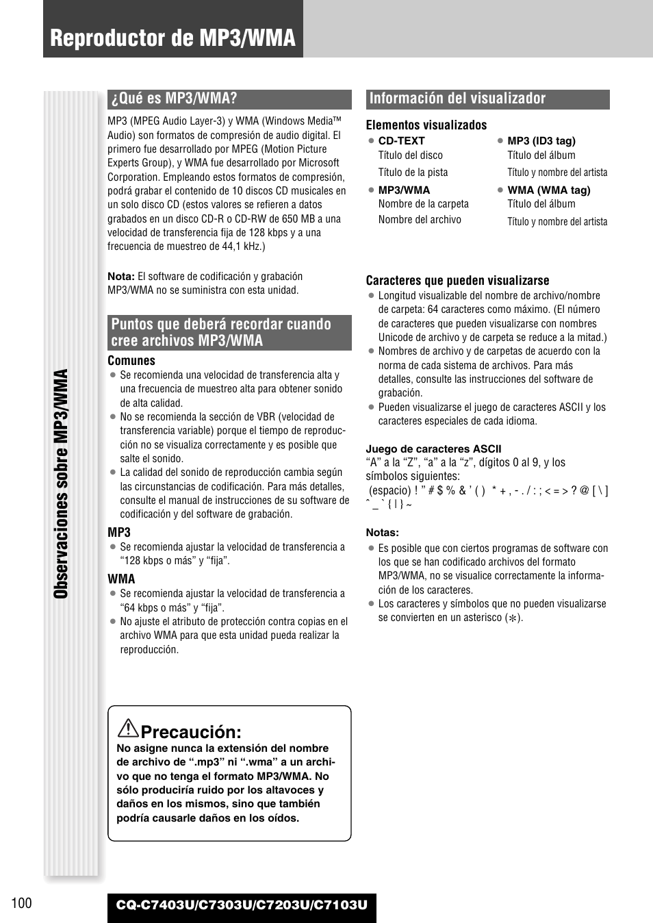 Reproductor de mp3/wma, Obser vaciones sobre mp3/wma, Precaución | Qué es mp3/wma, Información del visualizador | Panasonic C7203U User Manual | Page 100 / 114
