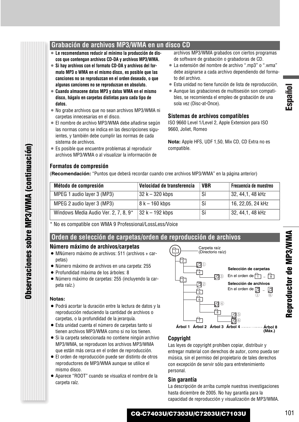 Español, Reproductor de mp3/wma, Obser vaciones sobre mp3/wma (continuación) | Grabación de archivos mp3/wma en un disco cd | Panasonic C7203U User Manual | Page 101 / 114