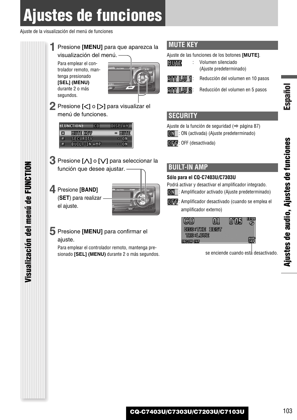 Ajustes de funciones (ajuste de seguridad, etc.), Ajustes de funciones, Español | Panasonic C7203U User Manual | Page 103 / 114